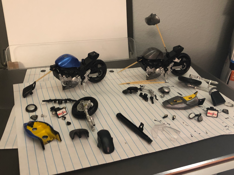It was full teardown for these builds, and I was able to find a metallic gunmetal that matched my paint perfectly. In addition, I had some blue sapphire metallic that fit the bill for Ethan’s SV.